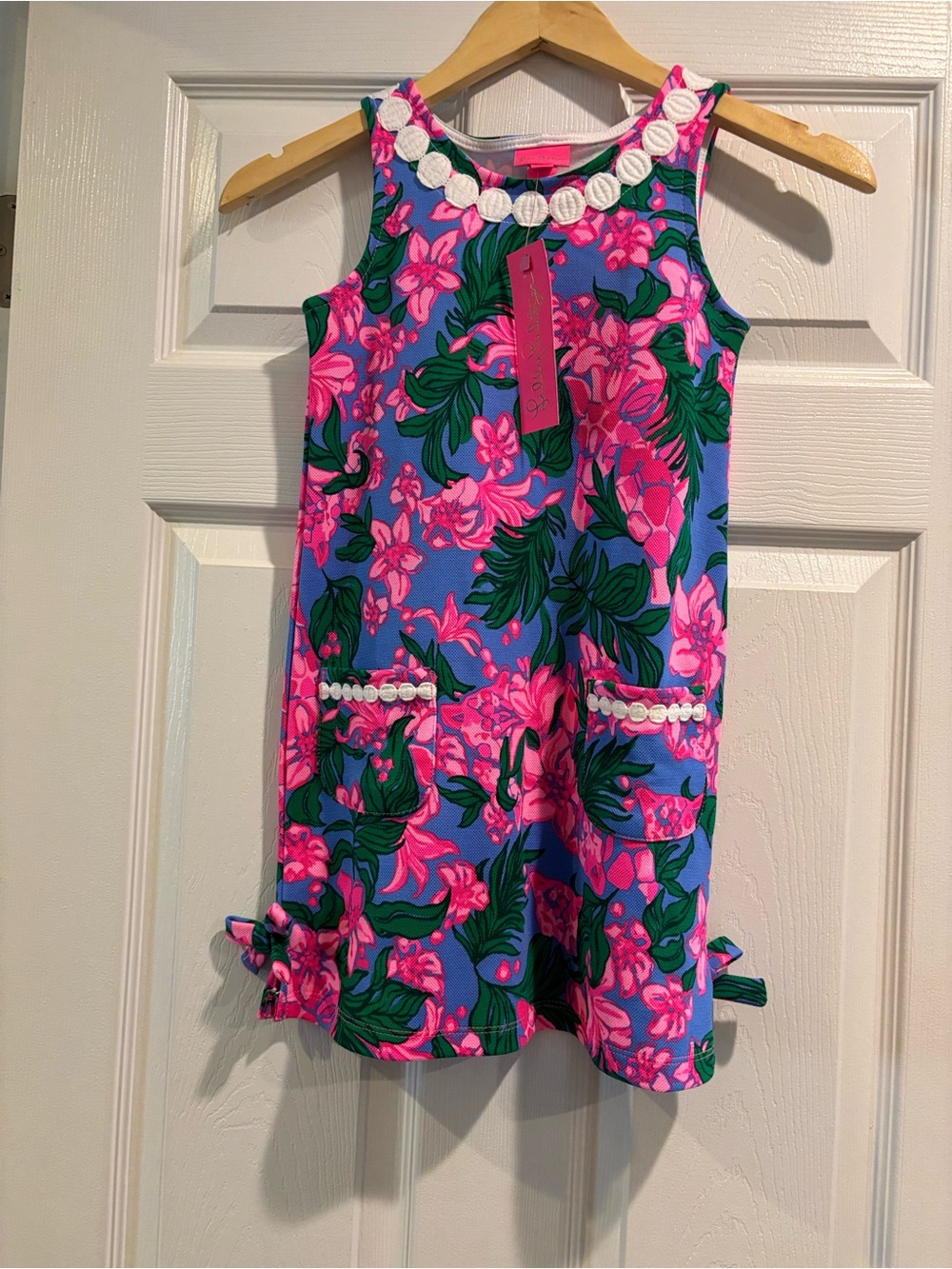 Lilly pulitzer Pink and Purple Floral Shift Dress with White Pearl Trim